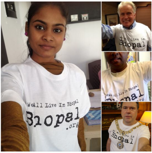 A supporter in Bhopal, Martin Sheen, Salil Shetty - Secretary General of Amnesty International, Donald Wilson - Lord Provost of Edinburgh. All supporters of #WeAllLiveInBhopal